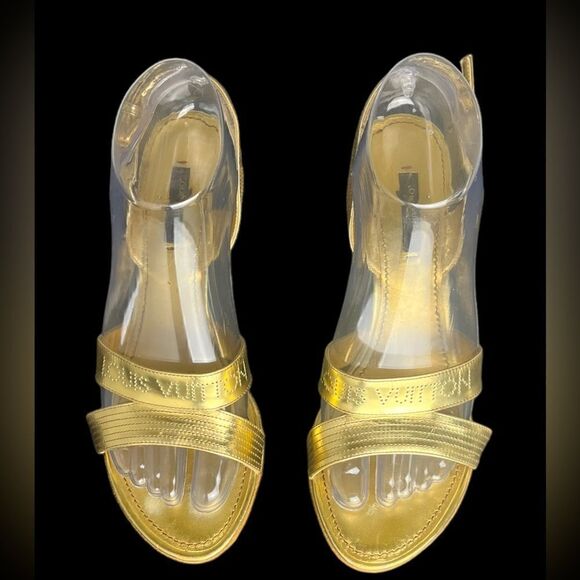Rare Louis Vuitton Gold Slingback Sandals w/3.5” Stacked Wood Heel Size 38/US 7 - Picture 2 of 15